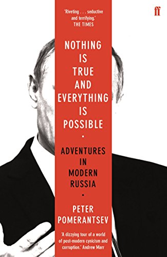 Book cover with a black and white portrait of Vladimir Putin obscured by red text.