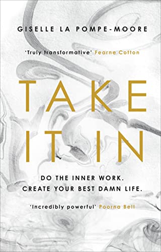 Book cover with gold text "Take It In" over a marbled background.