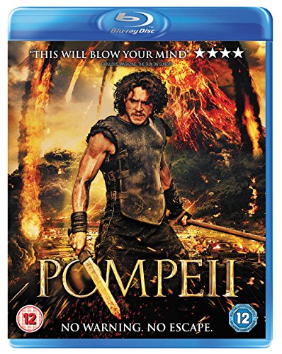 Blu-ray cover for "Pompeii" depicting a man with a volcano erupting.