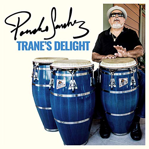 "Album cover featuring a man with three congas and the title 'Trane's Delight'."