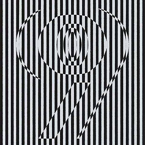 Black and white optical illusion art featuring the number 9 on a striped background.
