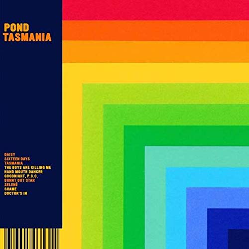 "Rainbow-colored album cover with 'Pond Tasmania' title and tracklist on dark blue background."