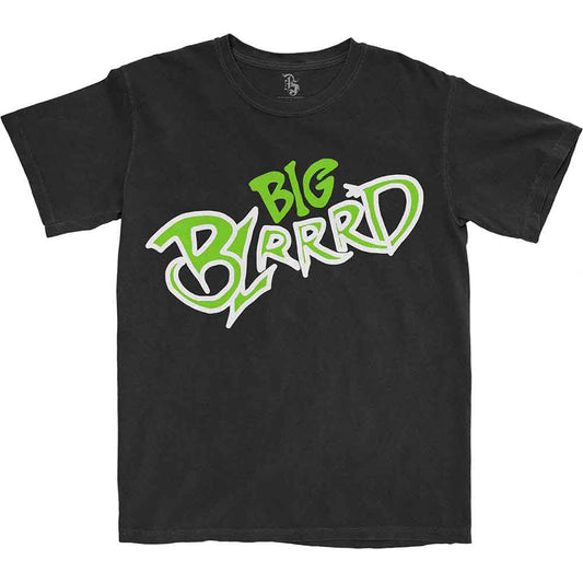 Black t-shirt with green "Big Blrrrd" logo worn by a man.