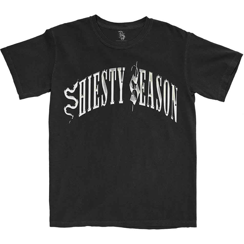 Man wearing a black t-shirt with white "Shiesty Season" text.