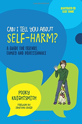 The image depicts a book cover with a cartoon person and dog. Alt text: Book cover with cartoon person, dog, and speech bubble on blue background.