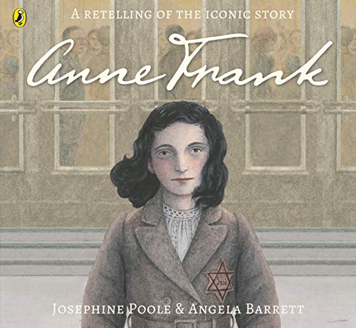 Book cover illustration of Anne Frank wearing a yellow star against a building background.