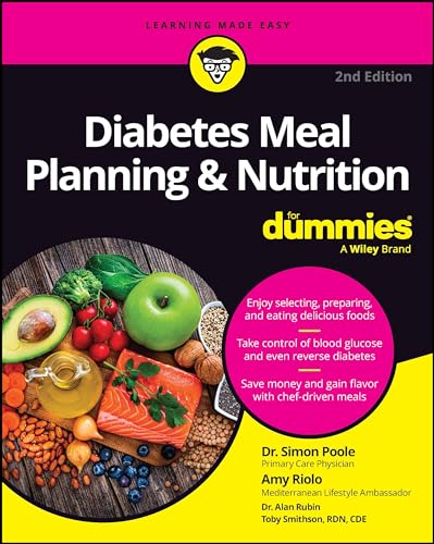 Book cover: "Diabetes Meal Planning & Nutrition For Dummies" with healthy food images.