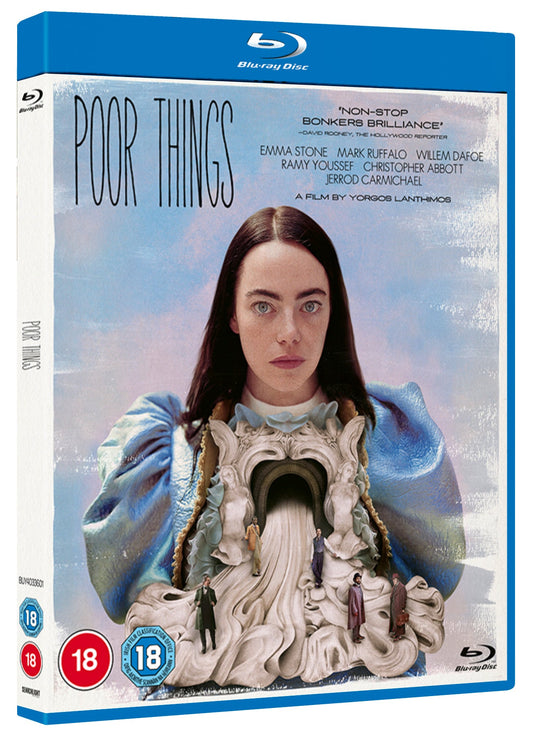 Blu-ray cover for “Poor Things” featuring Emma Stone in a surreal portrait.