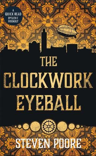 Book cover: silhouetted city, airship, gears, and ornate gold patterns.