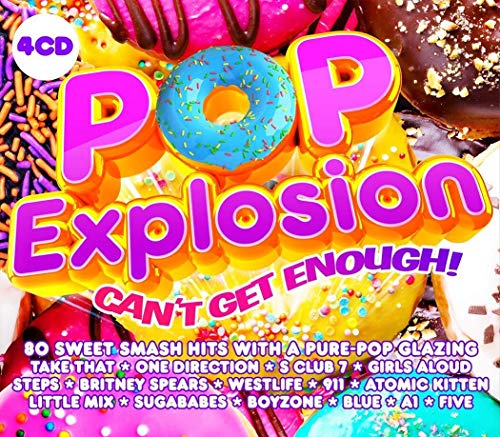 "CD cover with colorful donuts and pink text reading 'Pop Explosion Can't Get Enough!'".