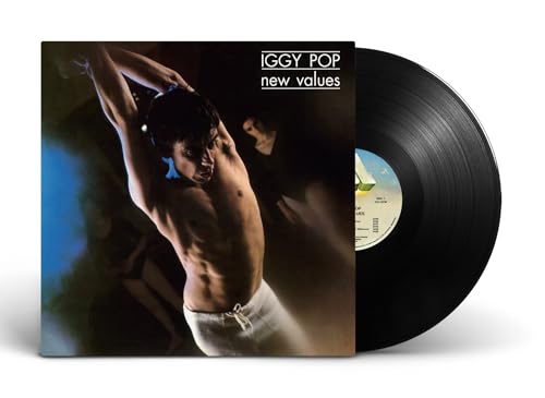 Iggy Pop’s “New Values” vinyl record with shirtless figure on cover.