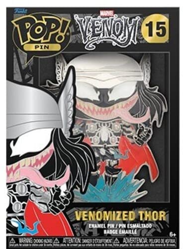 Venomized Thor enamel pin with black symbiote and red cape details.