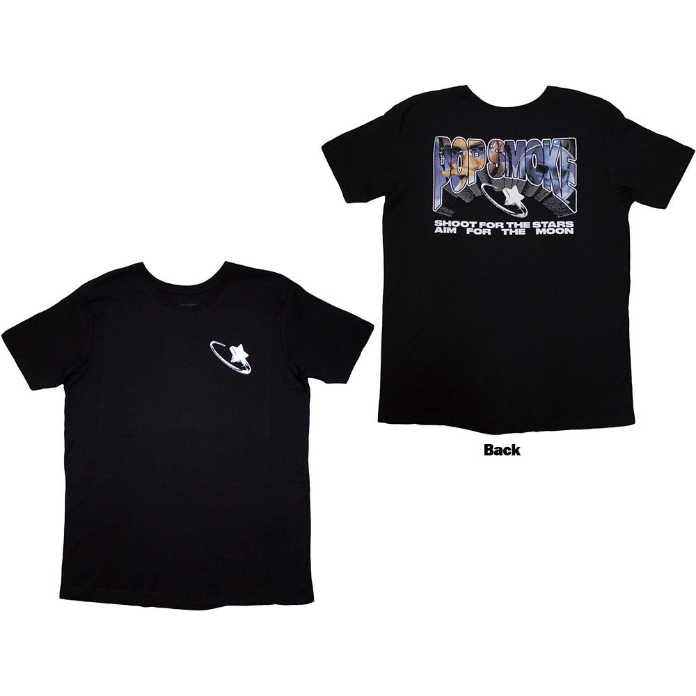 Black t-shirt with a back print of stars and “Pop Smoke” text.