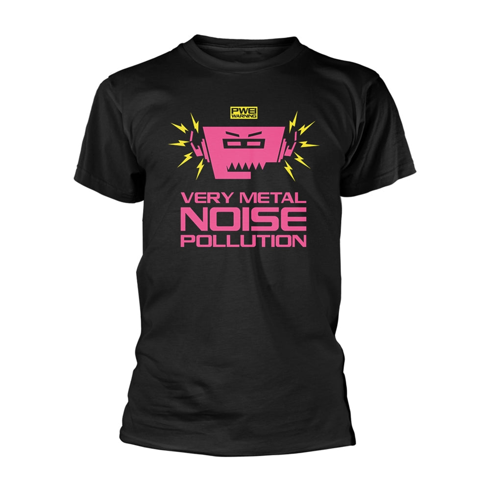 Black t-shirt with pink and yellow graphic of a face and lightning bolts.