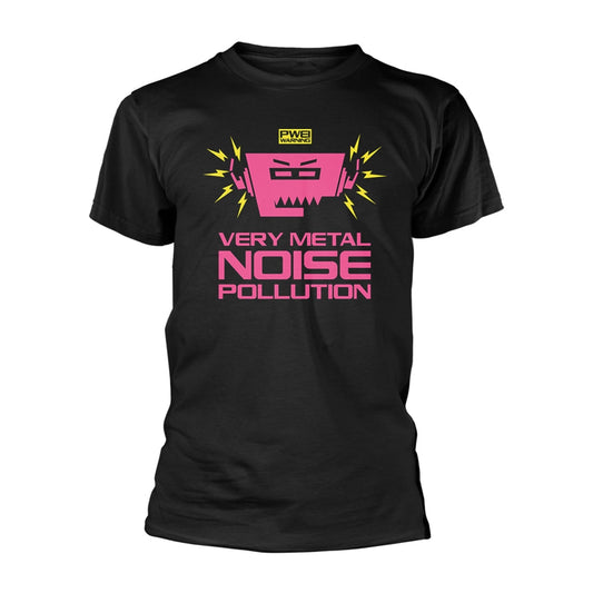 Black t-shirt with pink and yellow graphic of a face and lightning bolts.