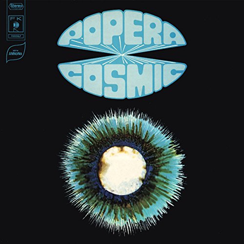 Vinyl cover with Popera Cosmic text and a blue radiating sun-like design on black.