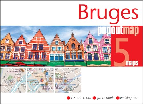 Cover of a Bruges popout map featuring colorful historic buildings and map snippets.