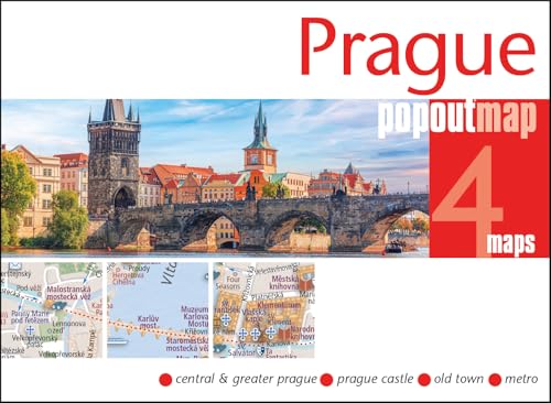 Product cover featuring a Prague cityscape, map snippets, and the text Prague popoutmap 4 maps.