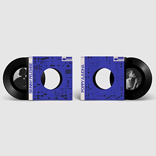 "Two vinyl records with blue patterned sleeves, partially visible black discs, on a white background."