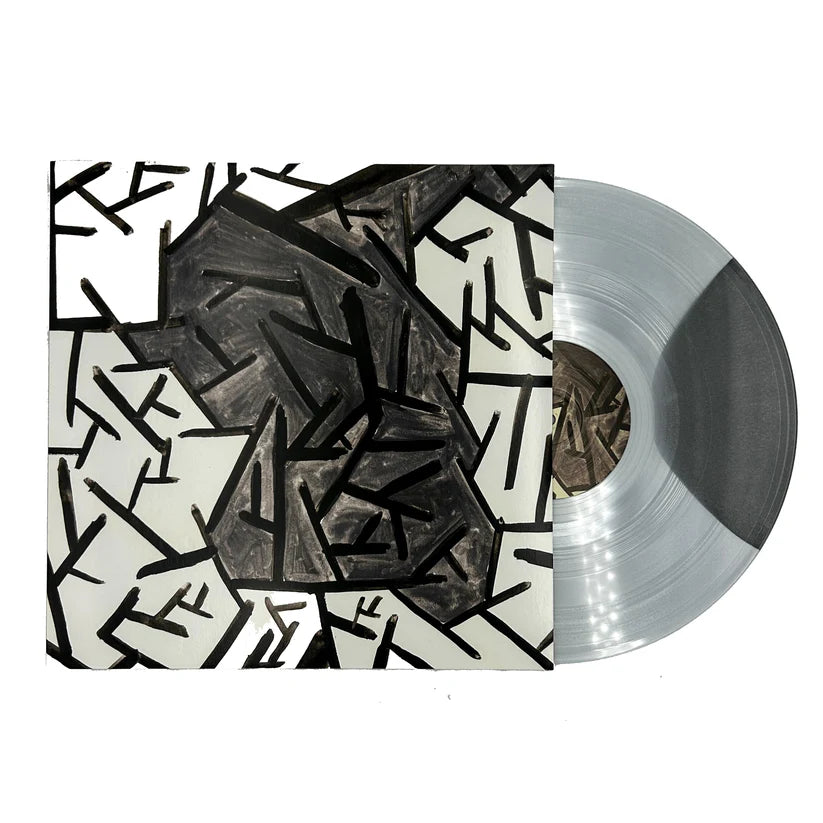 Vinyl record album cover with black abstract lines and a translucent grey vinyl disc.