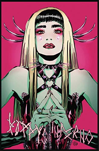 Illustration of a woman with blonde hair and dark, stylized makeup.