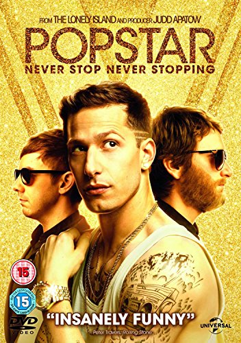 DVD cover for Popstar: Never Stop Never Stopping featuring three men against gold background.