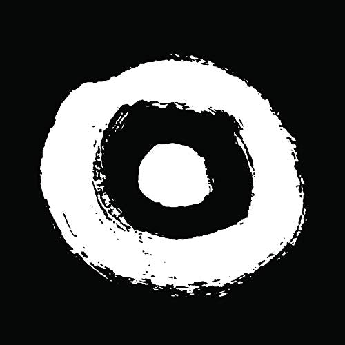 A black-and-white image of a vinyl record on a black background.