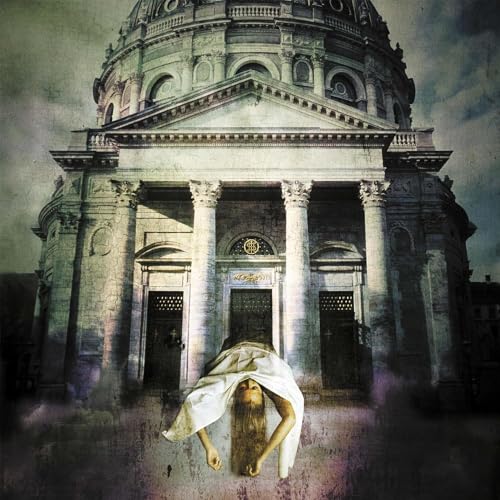 Person emerging from building facade, distressed texture, album cover art.