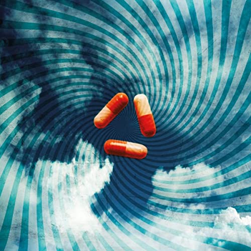 Album cover with swirling blue lines and three red capsules.