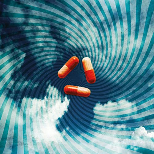 Three orange and white capsules arranged in a triangle against a swirling blue background.