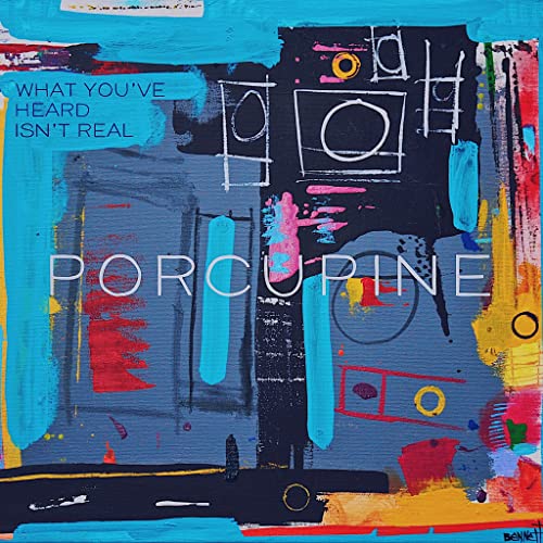 Abstract album cover with blue, black, and red paint strokes and white text.