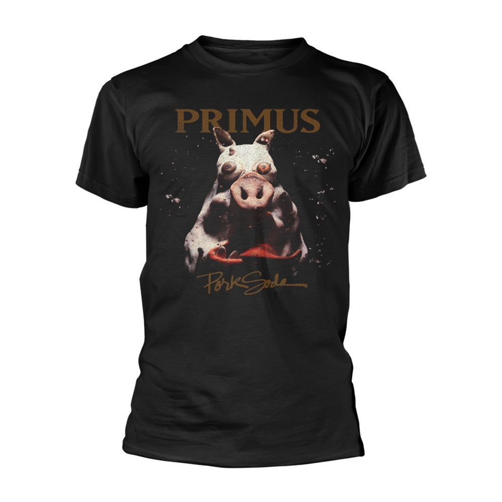 Black t-shirt with a watercolor-style pig and "Pork Soda" text.