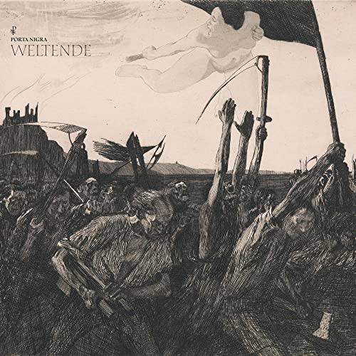 Dark, sketched album cover depicting figures reaching towards a ghostly form.