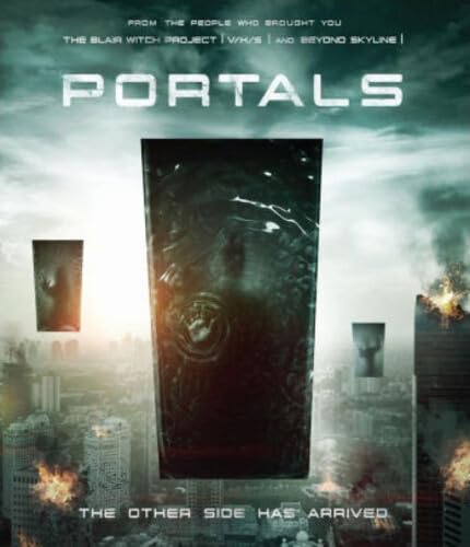 Portals" Blu-ray cover: a dark monolith over a burning cityscape.