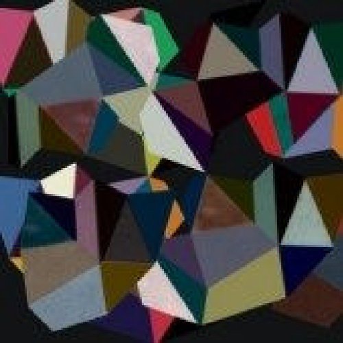 The image is a vibrant, abstract geometric pattern. The alt text is: "Multicolored geometric shapes on a black background."
