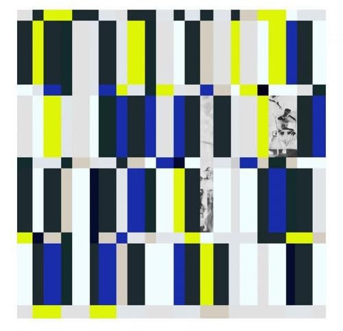 Album cover: abstract vertical stripes with fragmented black and white figures.