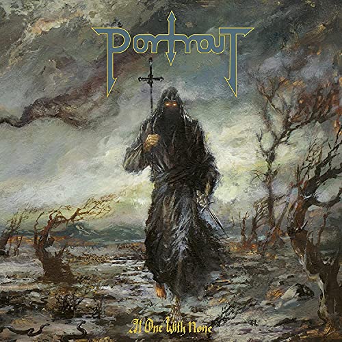 A cloaked figure with glowing eyes carries a sword through a bleak, barren landscape.