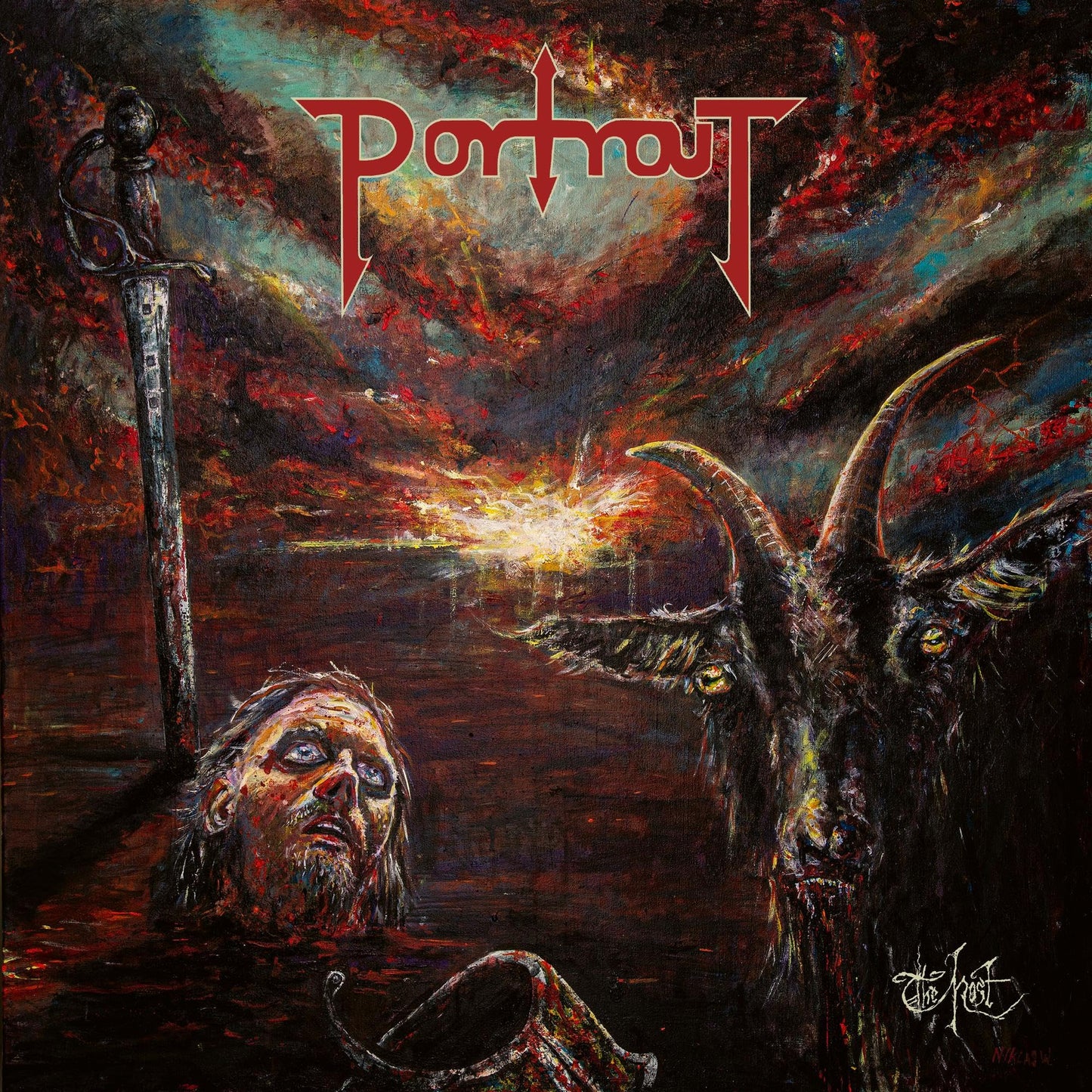 Dark painting of a demonic figure, sword, and drowning head.