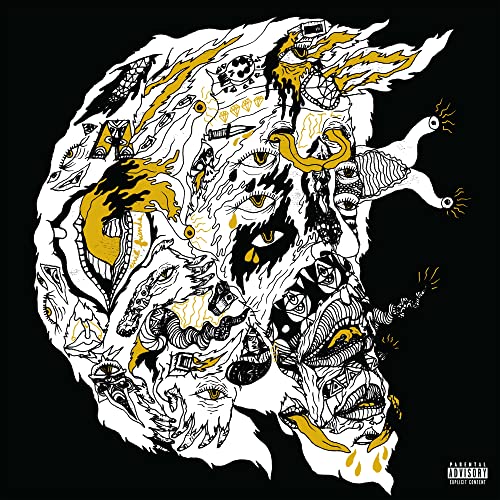 Black and white album cover with yellow accents, surreal face illustration.