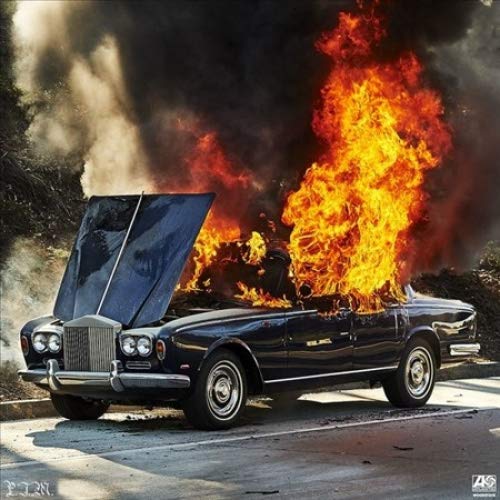 Burning vintage Rolls Royce car, album cover for Portugal. The Man.