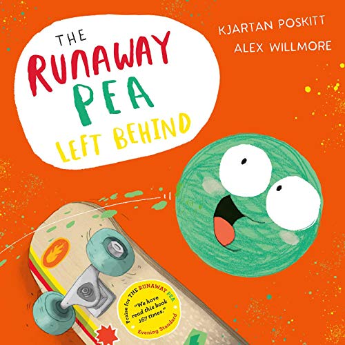 Book cover: a surprised green pea and a skateboard on orange background.