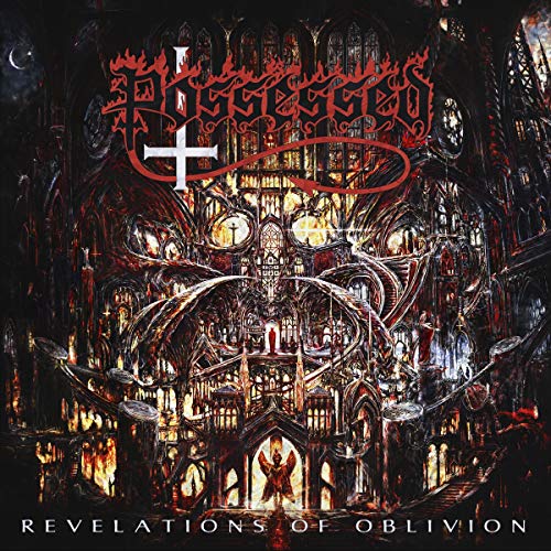 "Album cover art depicting a dark, gothic cathedral with red and white text overlay."
