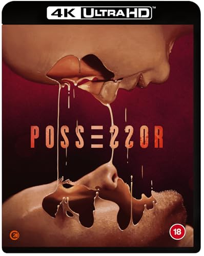 Blu-ray cover for Possessor featuring two faces melting together with viscous liquid against red.