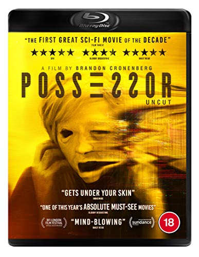 Blu-ray cover for Possessor featuring a distorted face against a yellow background.
