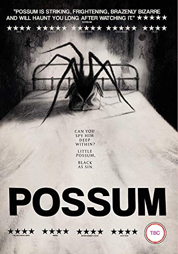 DVD cover for Possum featuring a spider-like puppet on a bed in grayscale.