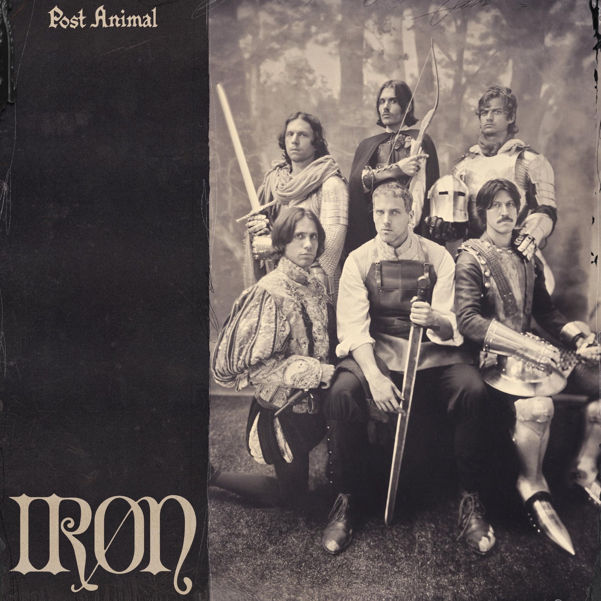 Beige vinyl album cover for Post Animal’s “IRON” featuring five people in medieval attire.