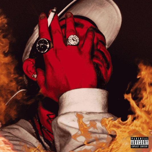 Post Malone album cover: red-toned hands with rings, white sailor hat.