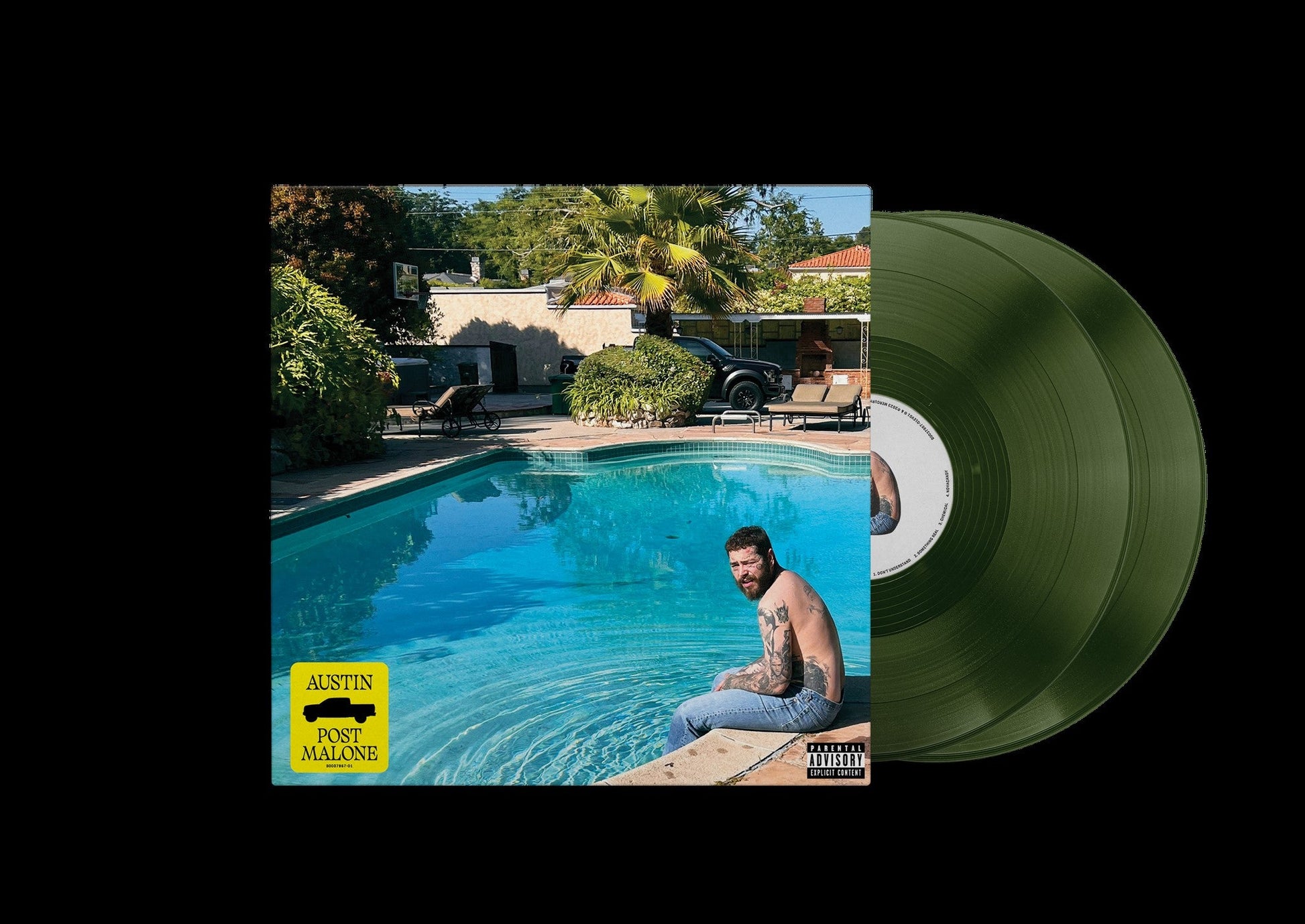 Post Malone Austin album cover featuring him by a pool next to forest green vinyl.