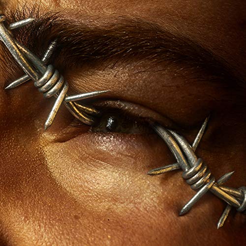 A close-up of an eye with barbed wire wrapped around it.