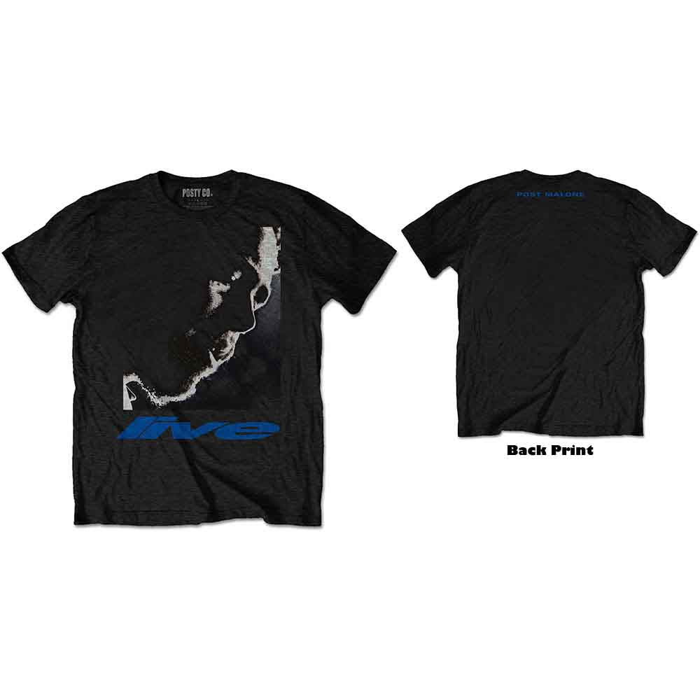Black Post Malone t-shirt with a close-up portrait and “live” text.